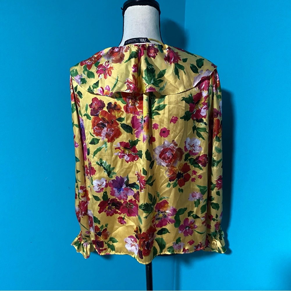 M ZARA M Yellow Colorful Floral Print Ruffle Front Long Sleeve Silky Blouse - Picture 5 of 6